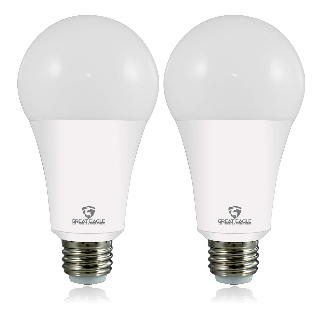 Great Eagle 3-Way LED bulb pack front showing energy-efficient two-pack for home lighting.