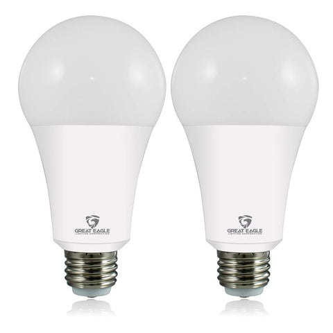Great Eagle 3-Way LED bulb pack front showing energy-efficient two-pack for home lighting.