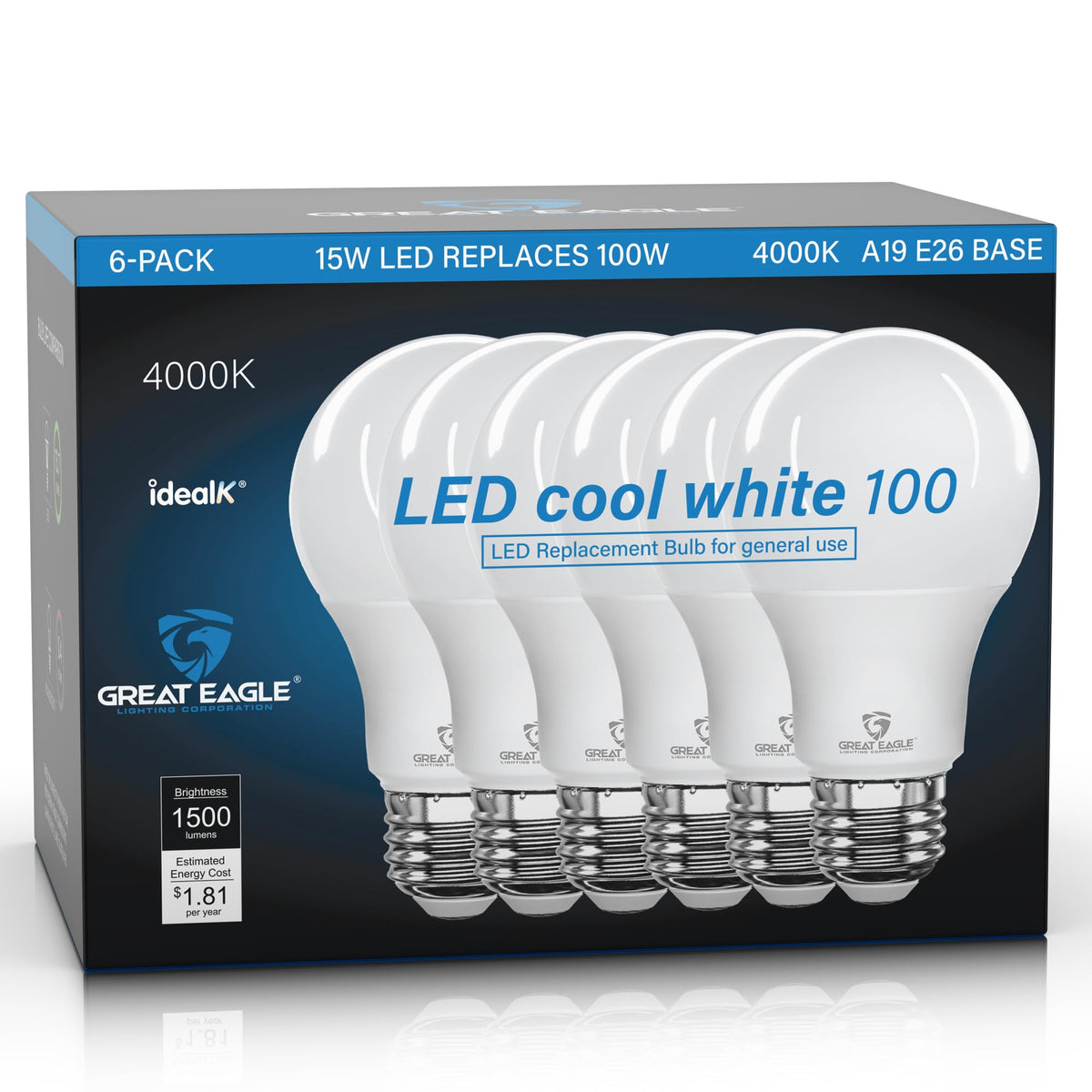 Great Eagle A19 LED bulbs illuminate a living room with bright 1500 lumens in cool white light