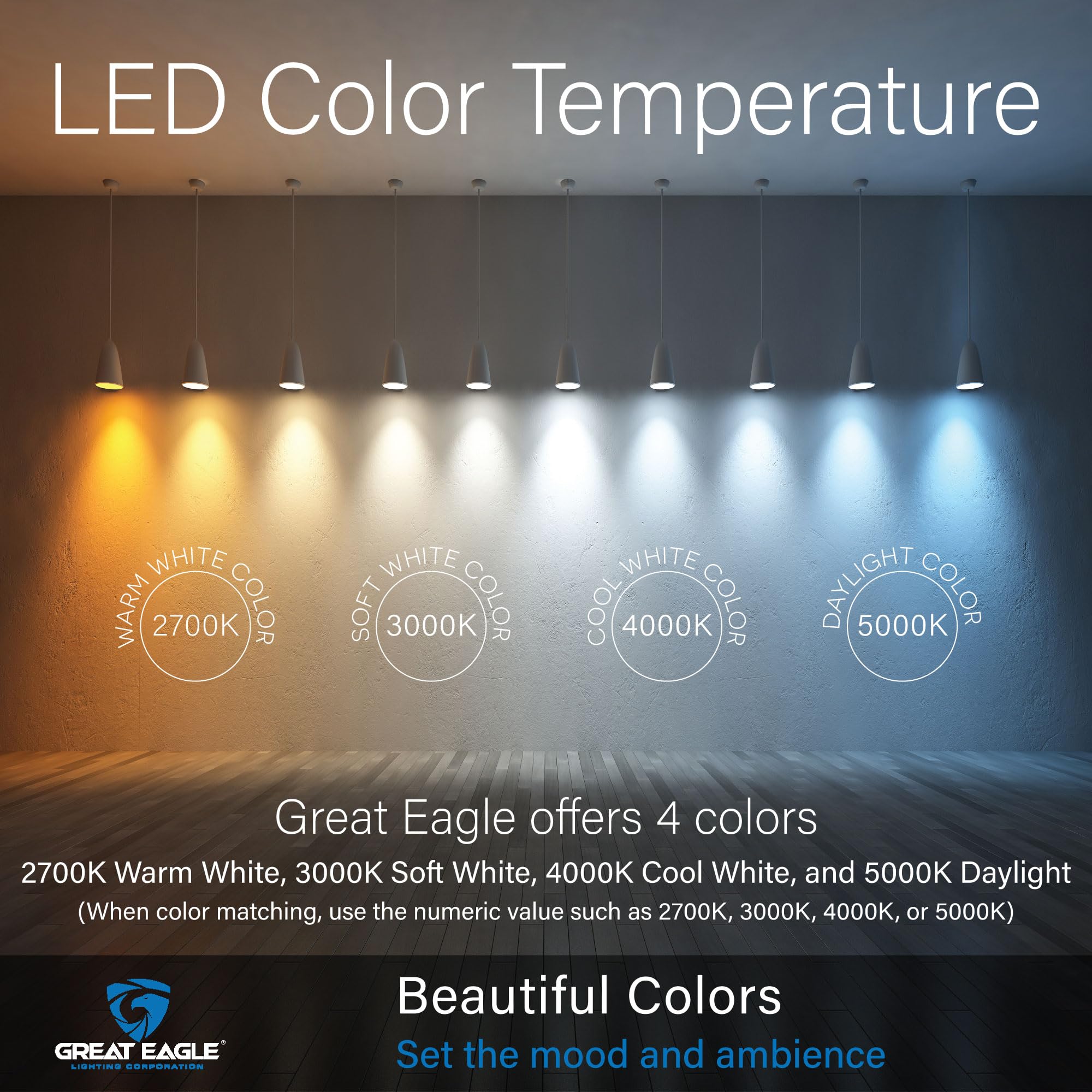 Great Eagle A19 LED bulbs emit 4000K cool white for balanced ambiance