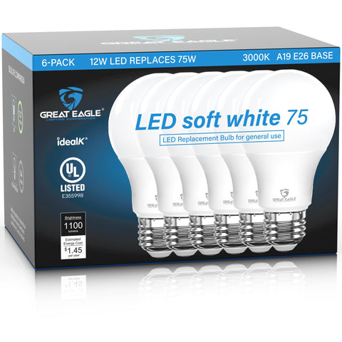 Great Eagle A19 LED bulbs pack offers energy-efficient lighting for living spaces.