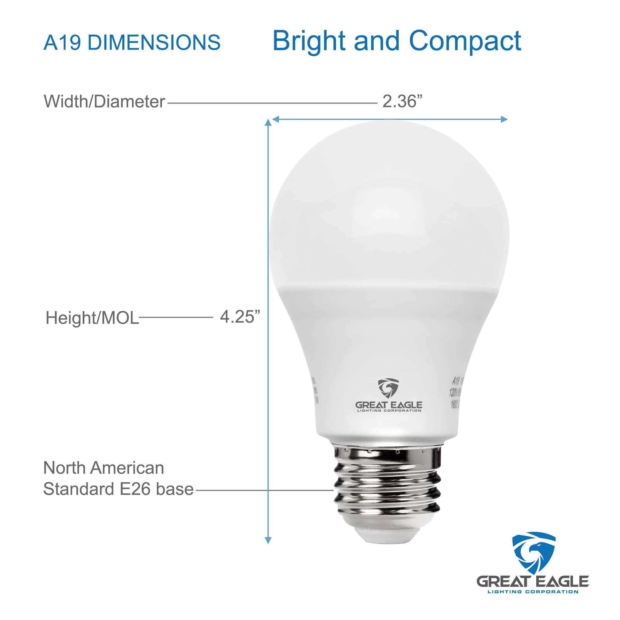 Great Eagle LED bulbs closeup highlights 1100 lumens for bright, accurate color.