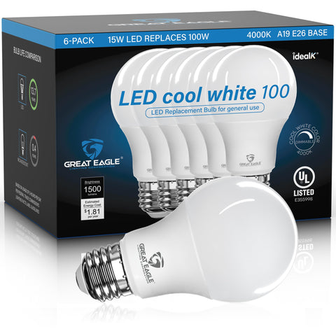 Great Eagle LED A19 bulb in packaged box shows energy-saving features.