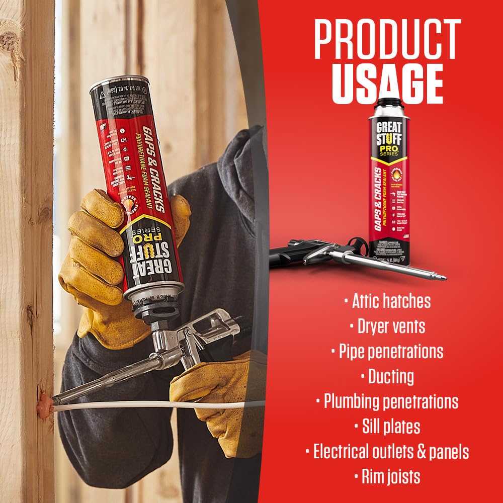 Great Stuff Pro foam gun included for precise, controlled application