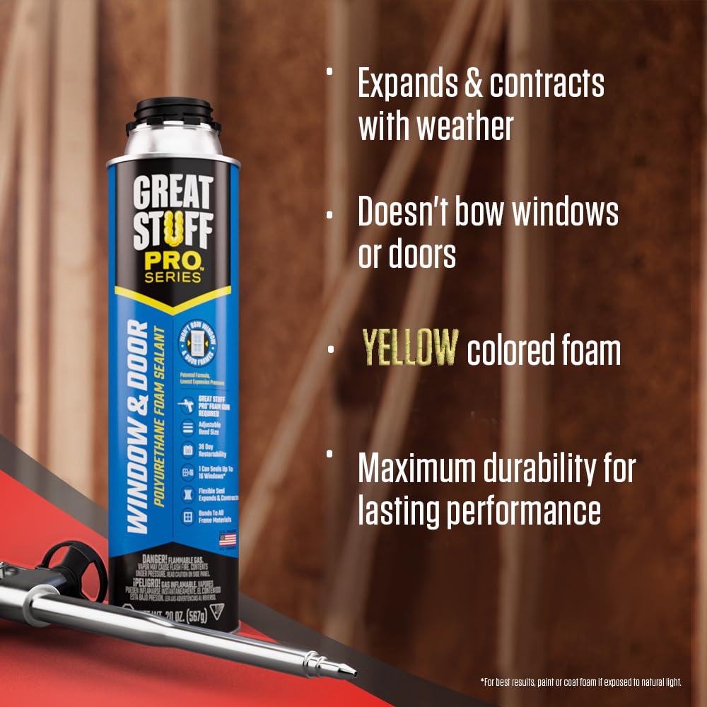Great Stuff Pro low-expansion formula ensures flexible, non-bowing seals around frames.