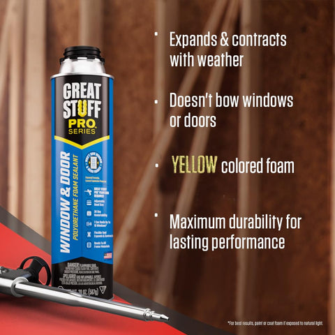 Great Stuff Pro low-expansion formula ensures flexible, non-bowing seals around frames.