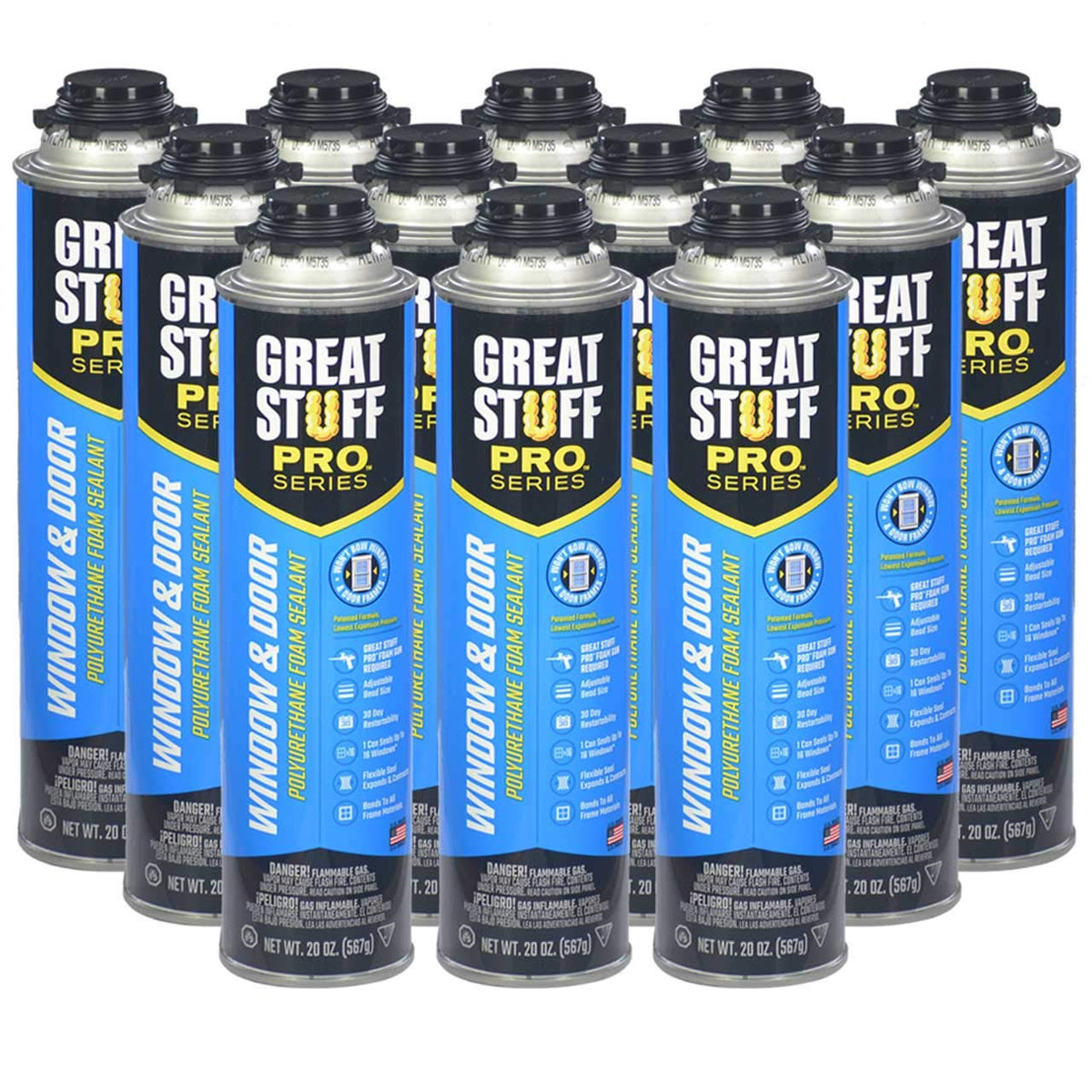 Great Stuff Pro window and door foam sealant being dispensed for airtight sealing.