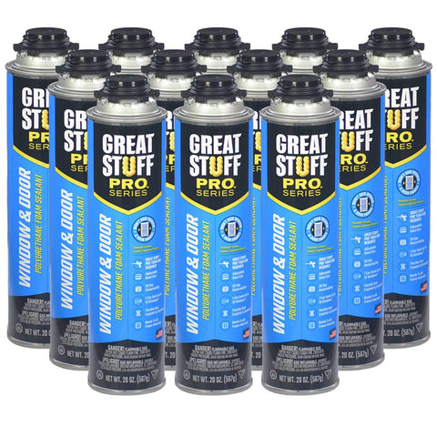 Great Stuff Pro window and door foam sealant being dispensed for airtight sealing.