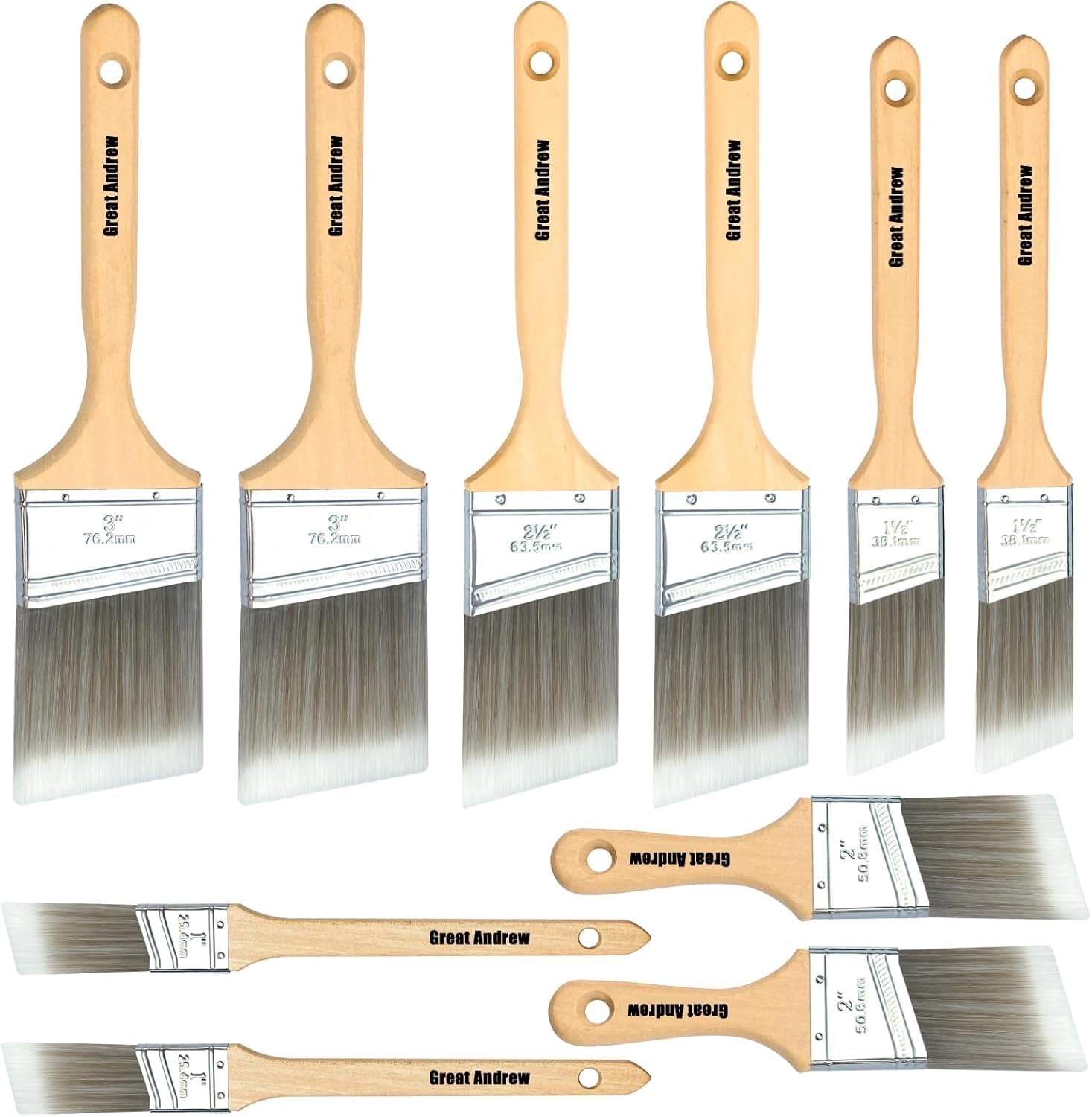 Greatandrew 10-pack angle sash brushes set shown in full for versatile painting tasks