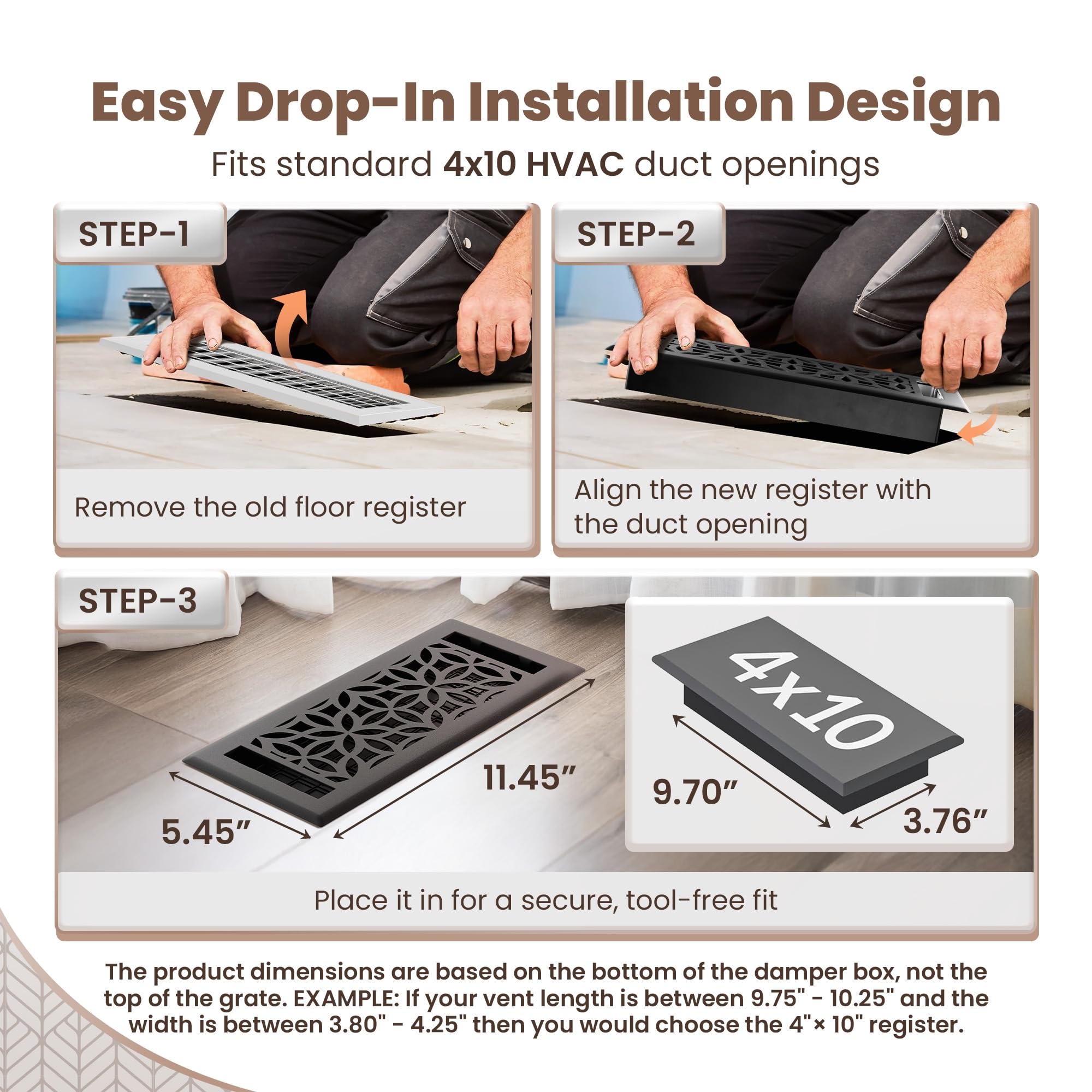 Greater Grates floor register installed in floor improves airflow