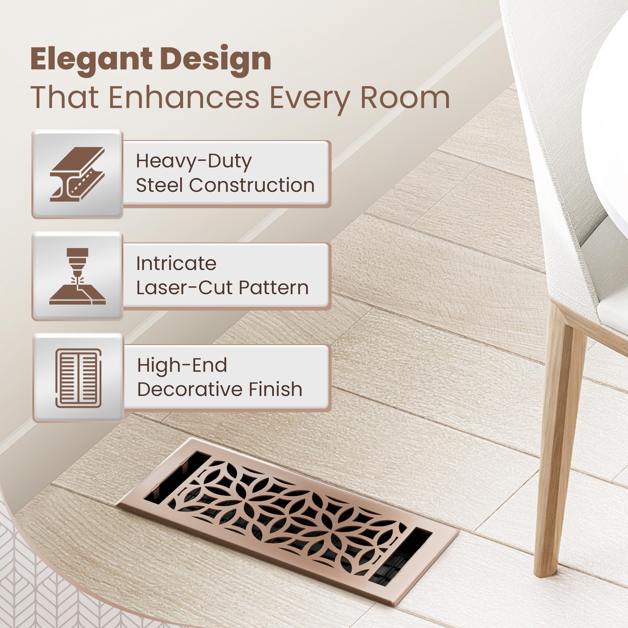 Greater Grates satin bronze finish adds modern elegance and rustproof durability