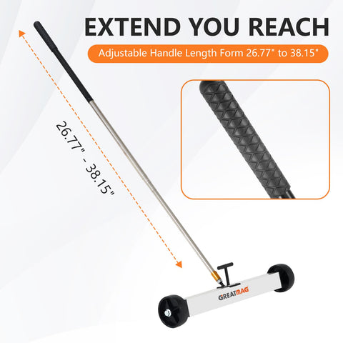GreatMag magnetic pickup sweeper with adjustable handle enables comfortable use.