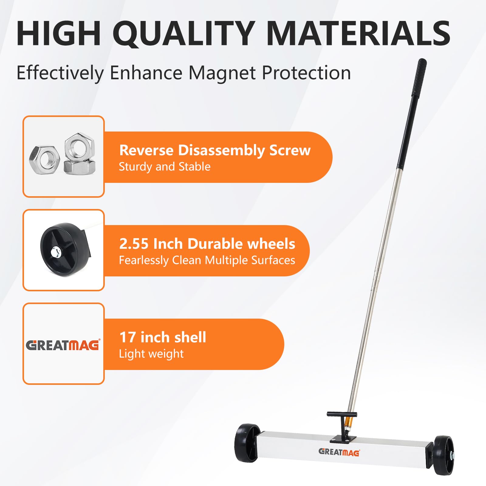 GreatMag sweeper wheels provide smooth rolling across driveways and lawns.