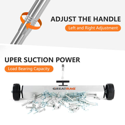 GreatMag versatile sweeper for nail and screw cleanup on multiple surfaces.