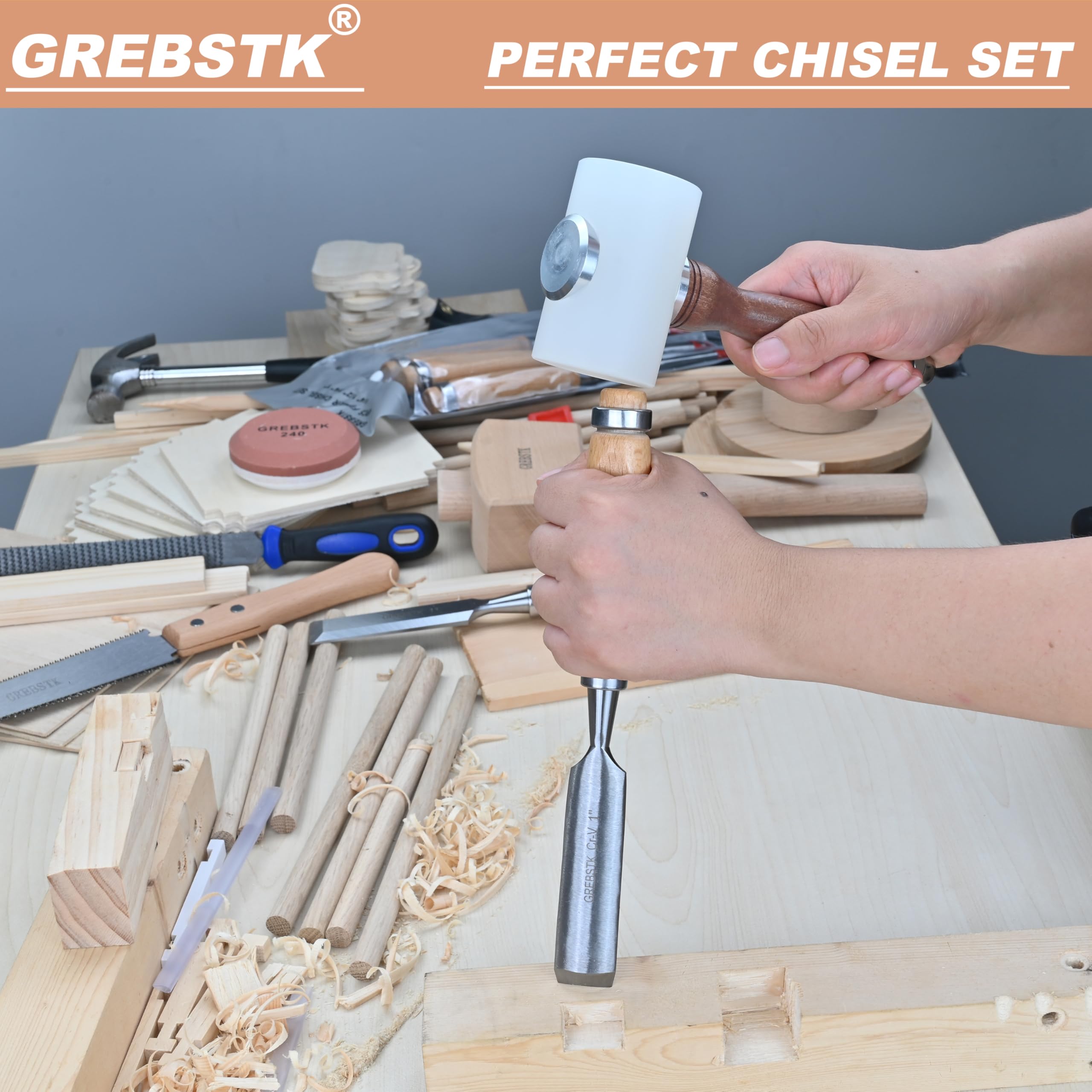 GREBSTK arc groove enables efficient wood chip removal during carving.