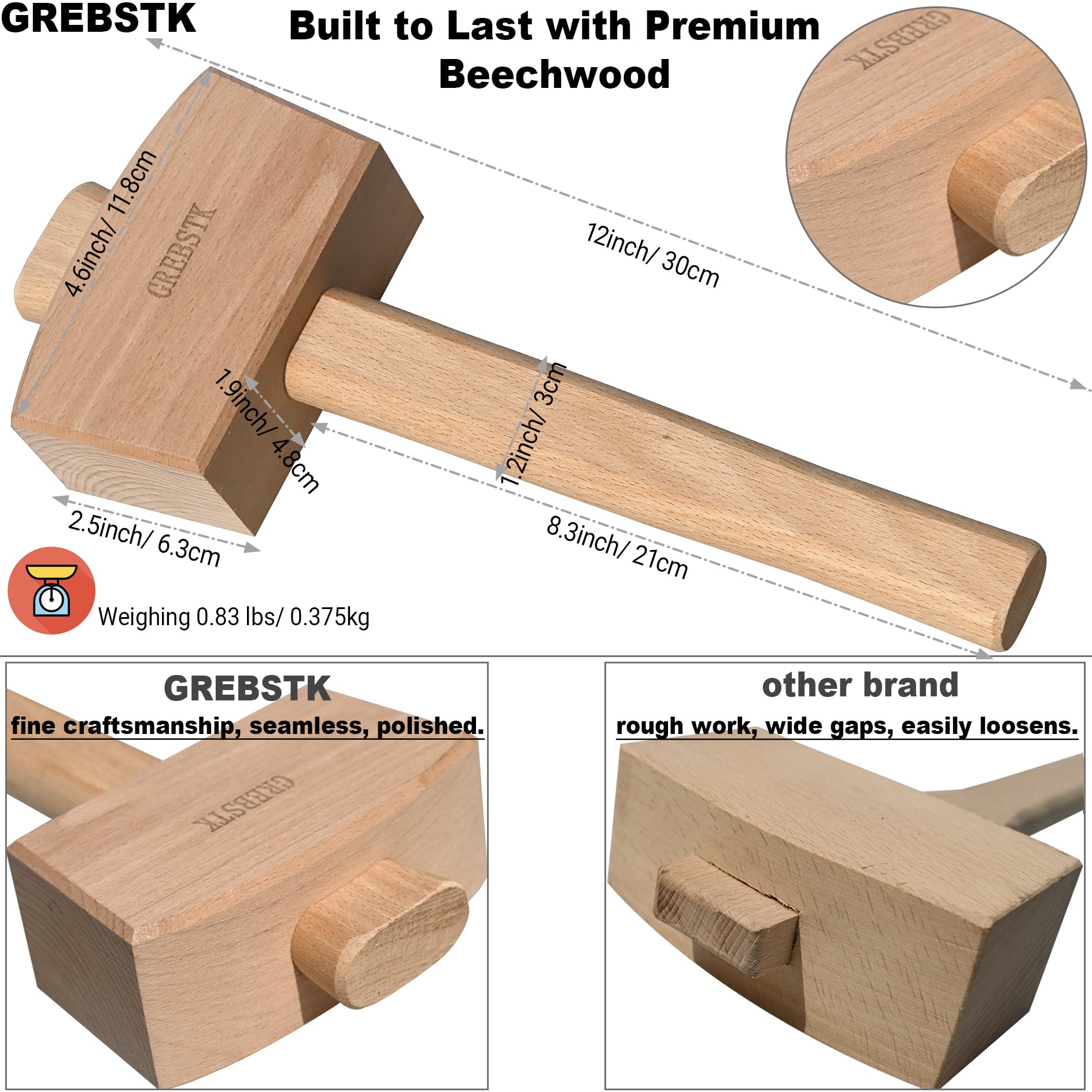 GREBSTK Beech Wood Mallet 12-inch handle enhances grip and comfort during woodworking.