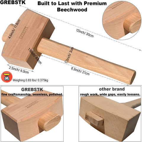 GREBSTK Beech Wood Mallet 12-inch handle enhances grip and comfort during woodworking.