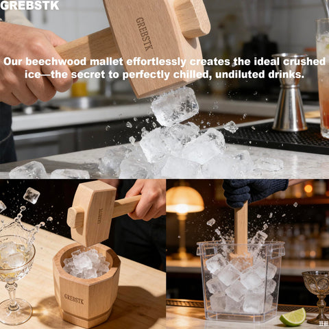 GREBSTK Beech Wood Mallet crushes ice efficiently for professional-style cocktails.