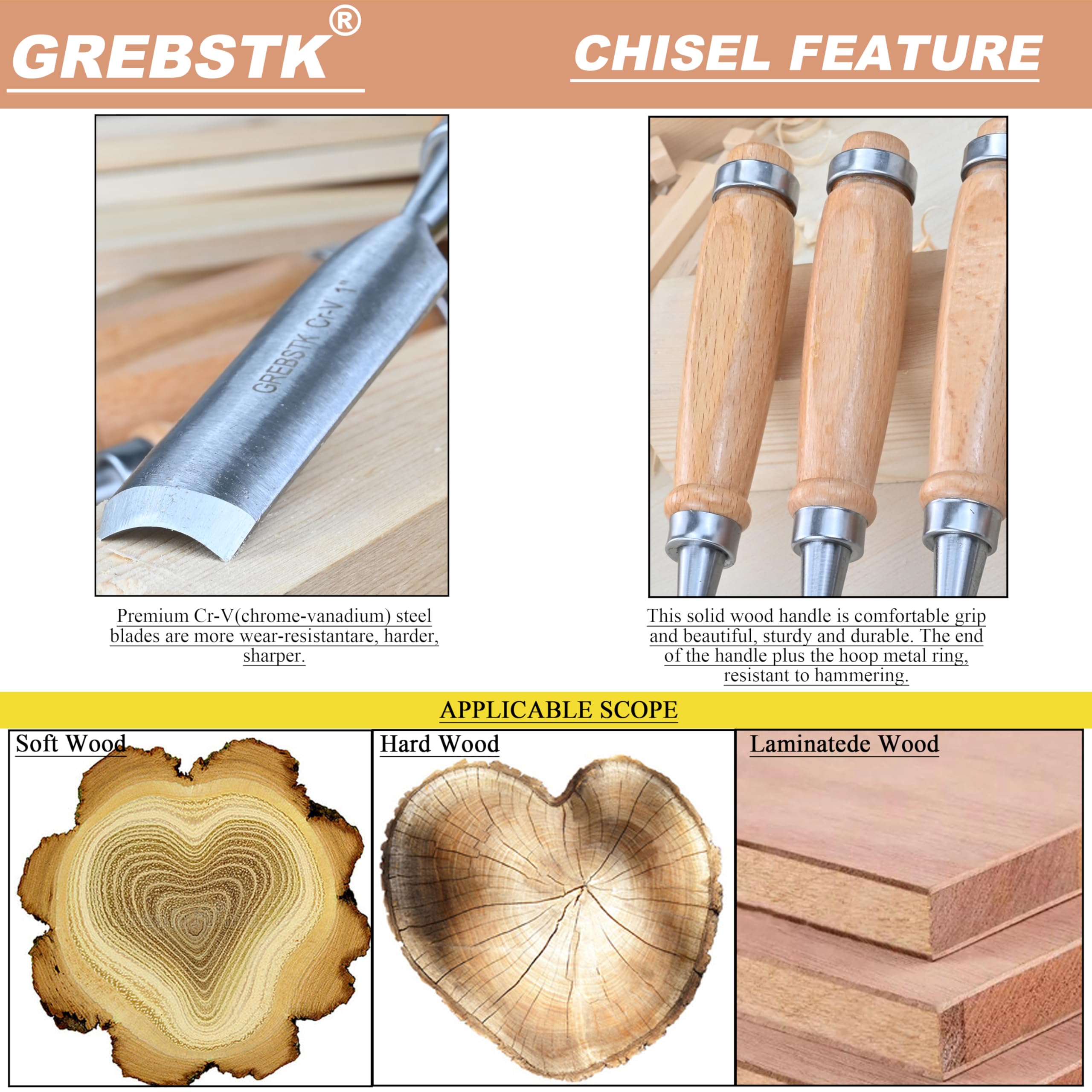 GREBSTK Cr-V steel chisel set for durable wood carving tasks.