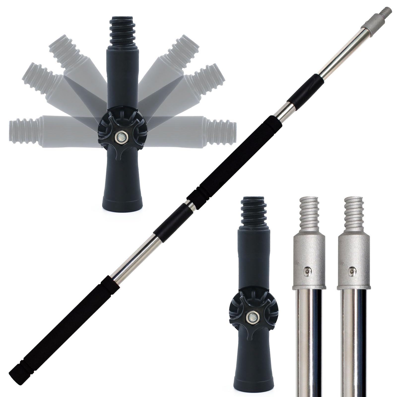 Greeily paint roller extension pole assembled for extended reach.
