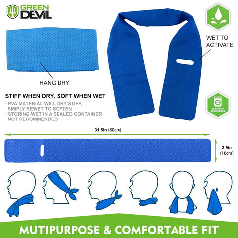 Green Devil cooling towel in use to keep you cool on hot days.