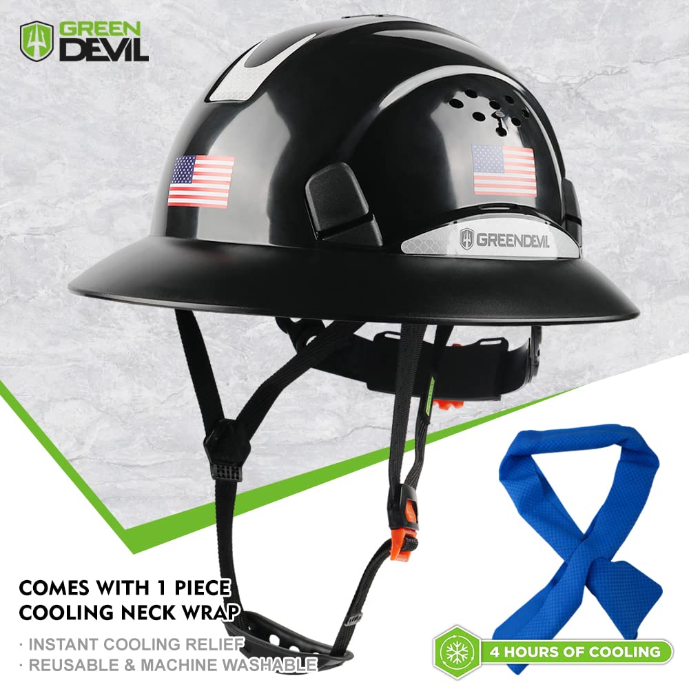 Green Devil vented hard hat seen from the side for weather-ready protection.