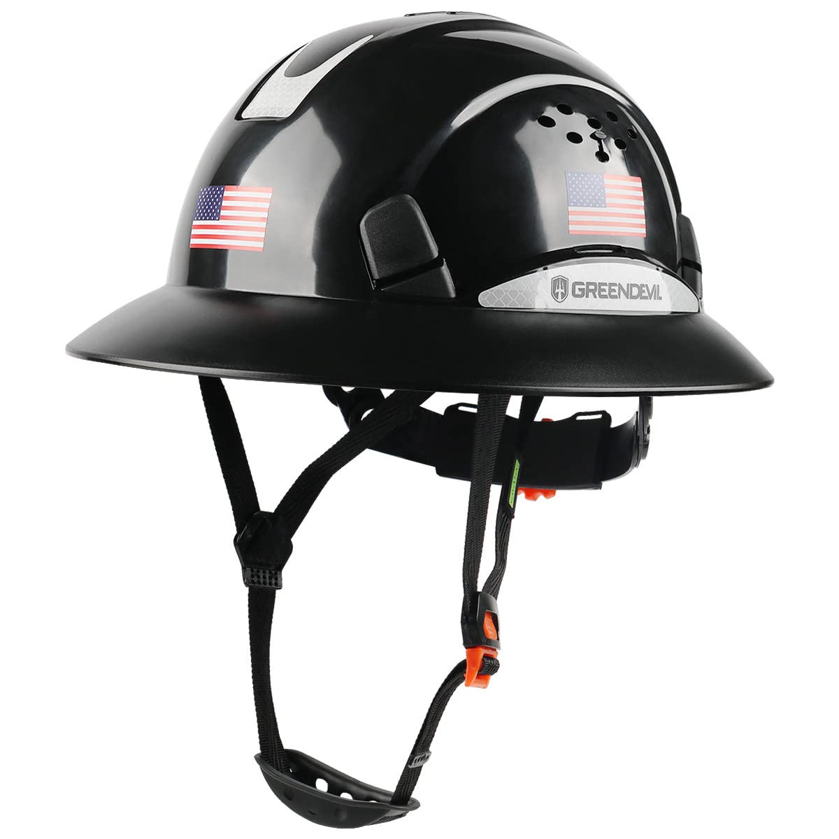 Green Devil full-brim vented hard hat viewed from the front for breathable protection.