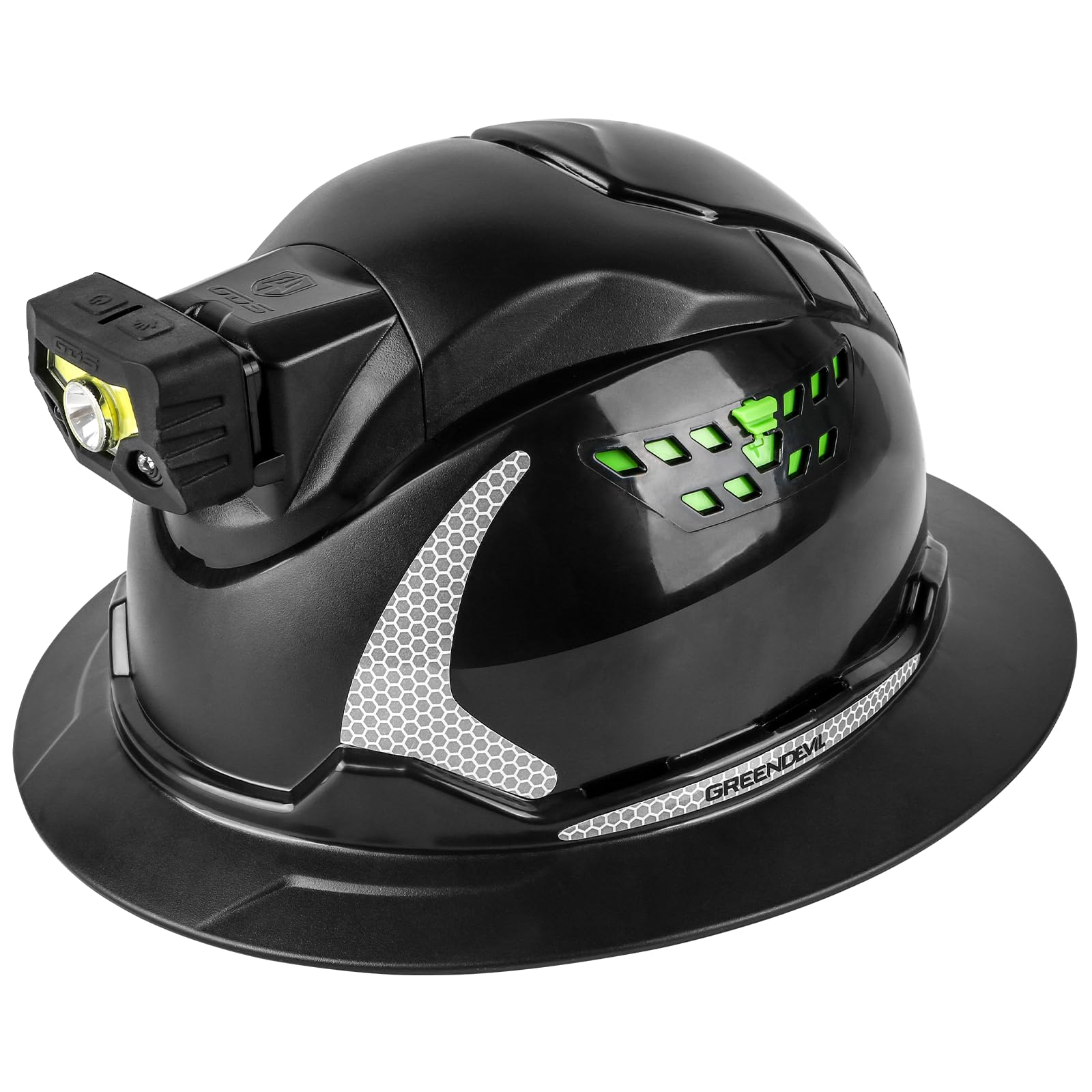 GREEN DEVIL Matrix full brim hard hat front view for all-day head protection on site.