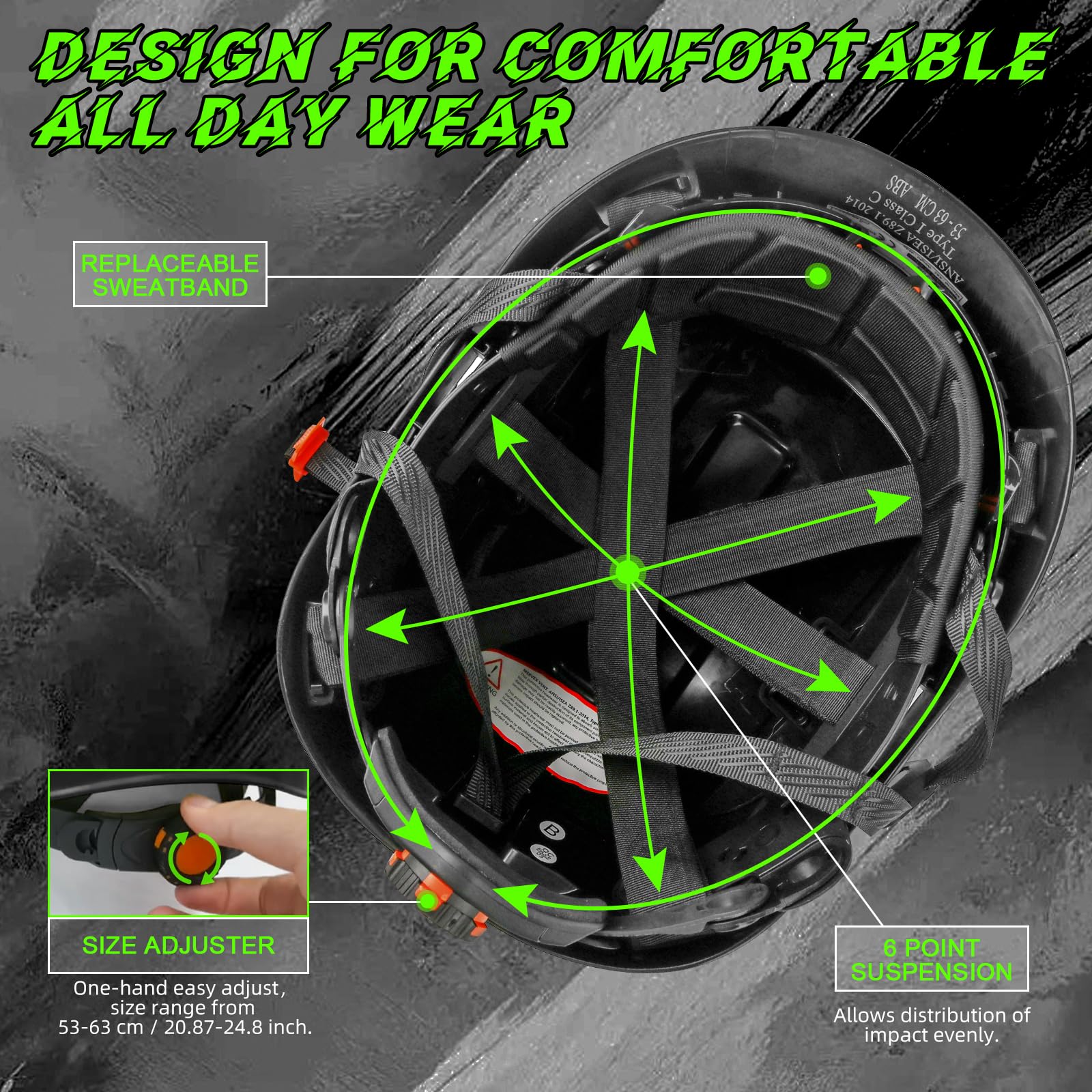 GREEN DEVIL hard hat with 6-point suspension for better shock absorption.
