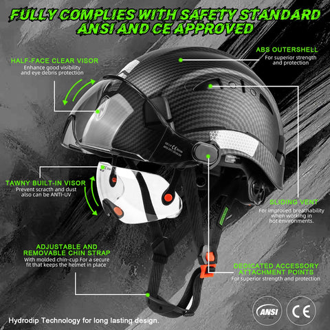 GREEN DEVIL hard hat with clear visor preserves visibility in bright conditions.