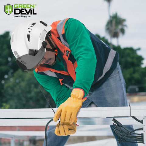 Green Devil safety hard hat features hi-viz stickers for better visibility.