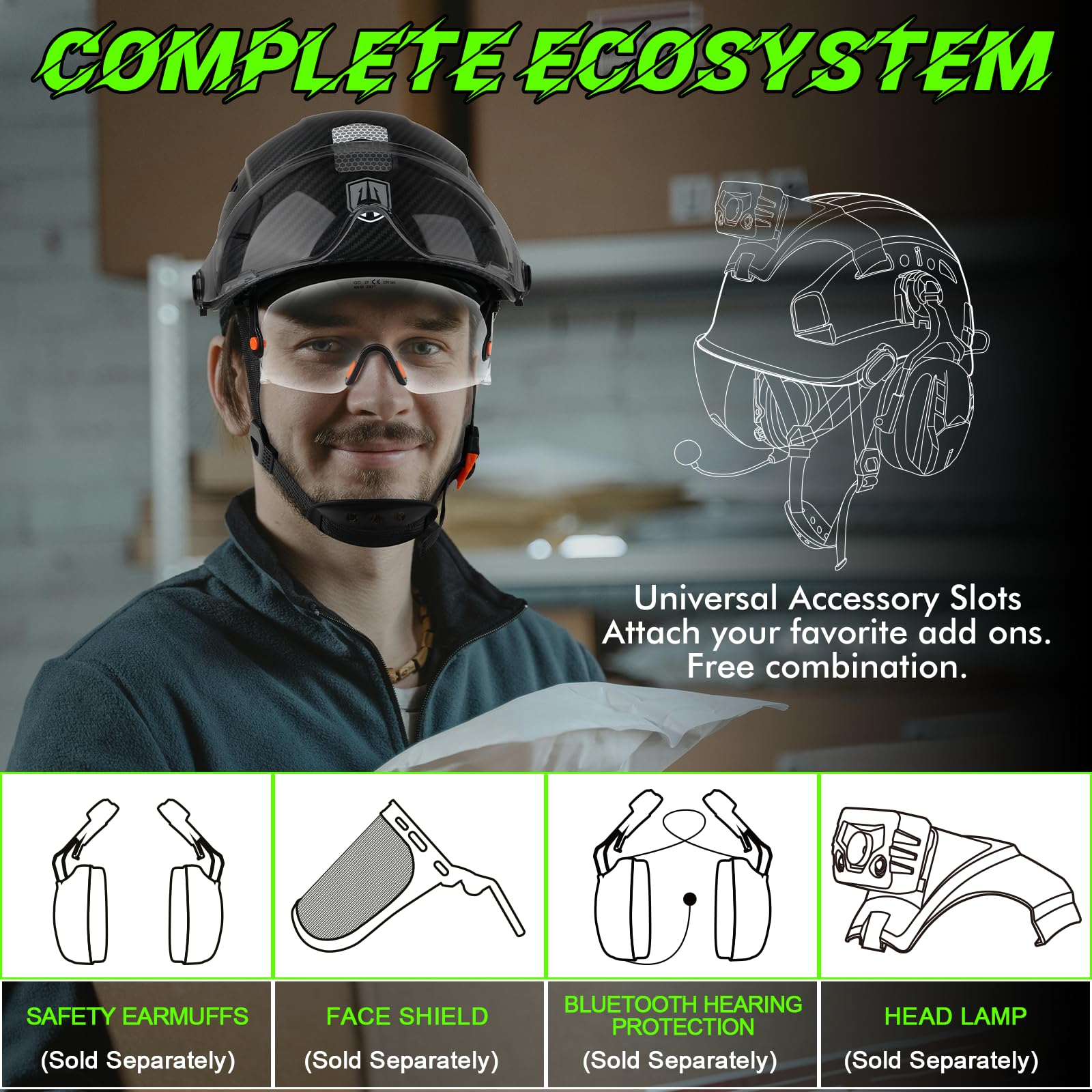 GREEN DEVIL helmet features hi-visibility stickers to boost on-site presence.