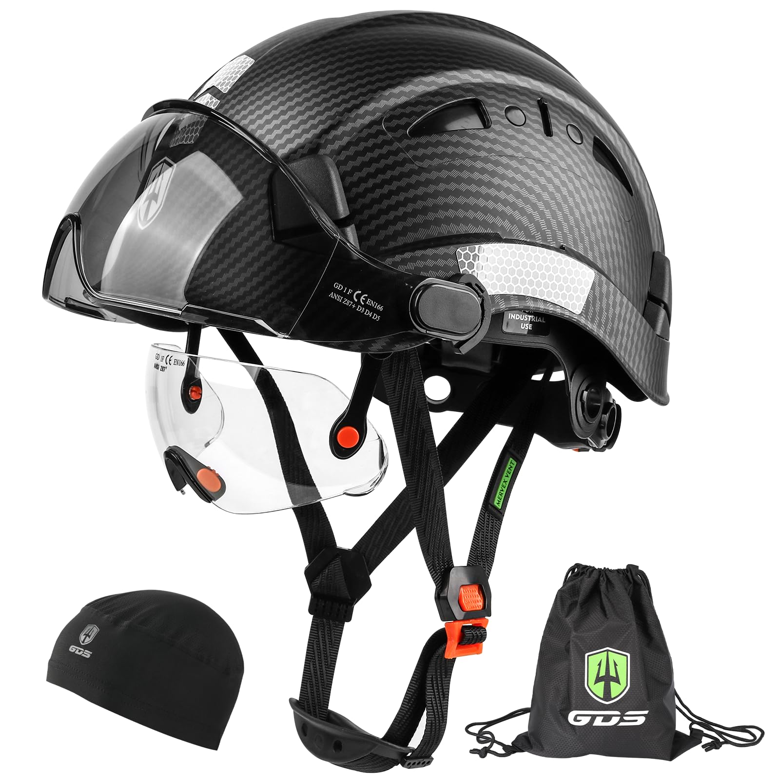 GREEN DEVIL hard hat with tinted visor for face protection on dusty jobs.