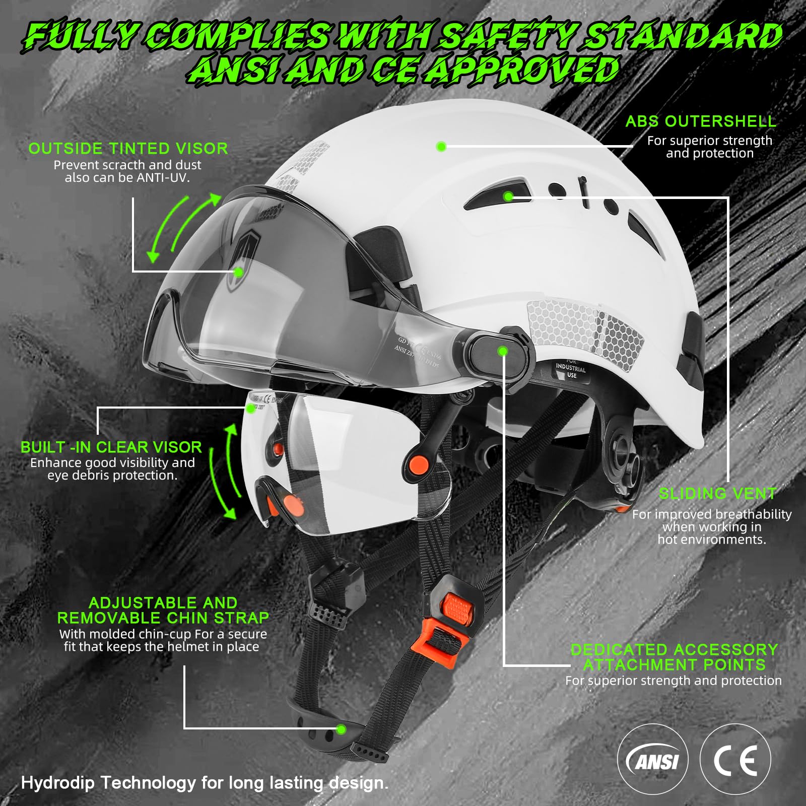 Green Devil hard hat with tinted visor enhances face protection and visibility.