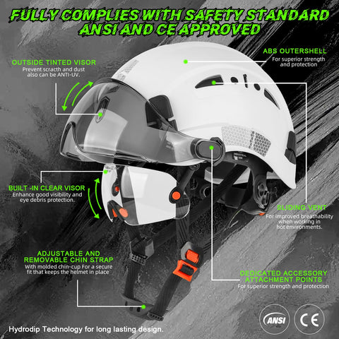 Green Devil hard hat with tinted visor enhances face protection and visibility.
