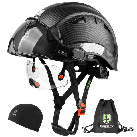 GREEN DEVIL hard hat with tinted visor for face protection on dusty jobs.