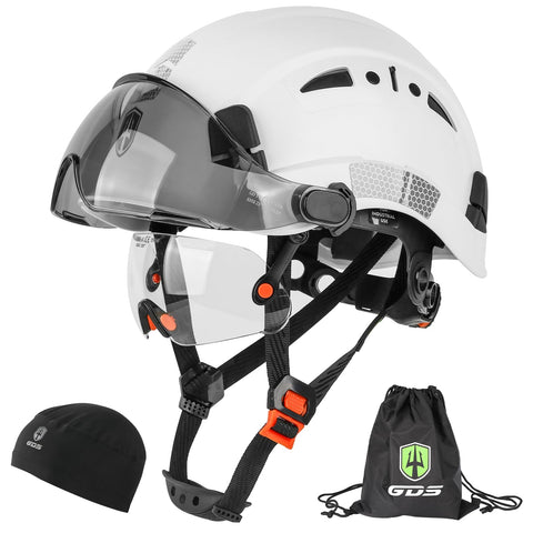 Green Devil safety hard hat with visor for reliable head protection on job sites.