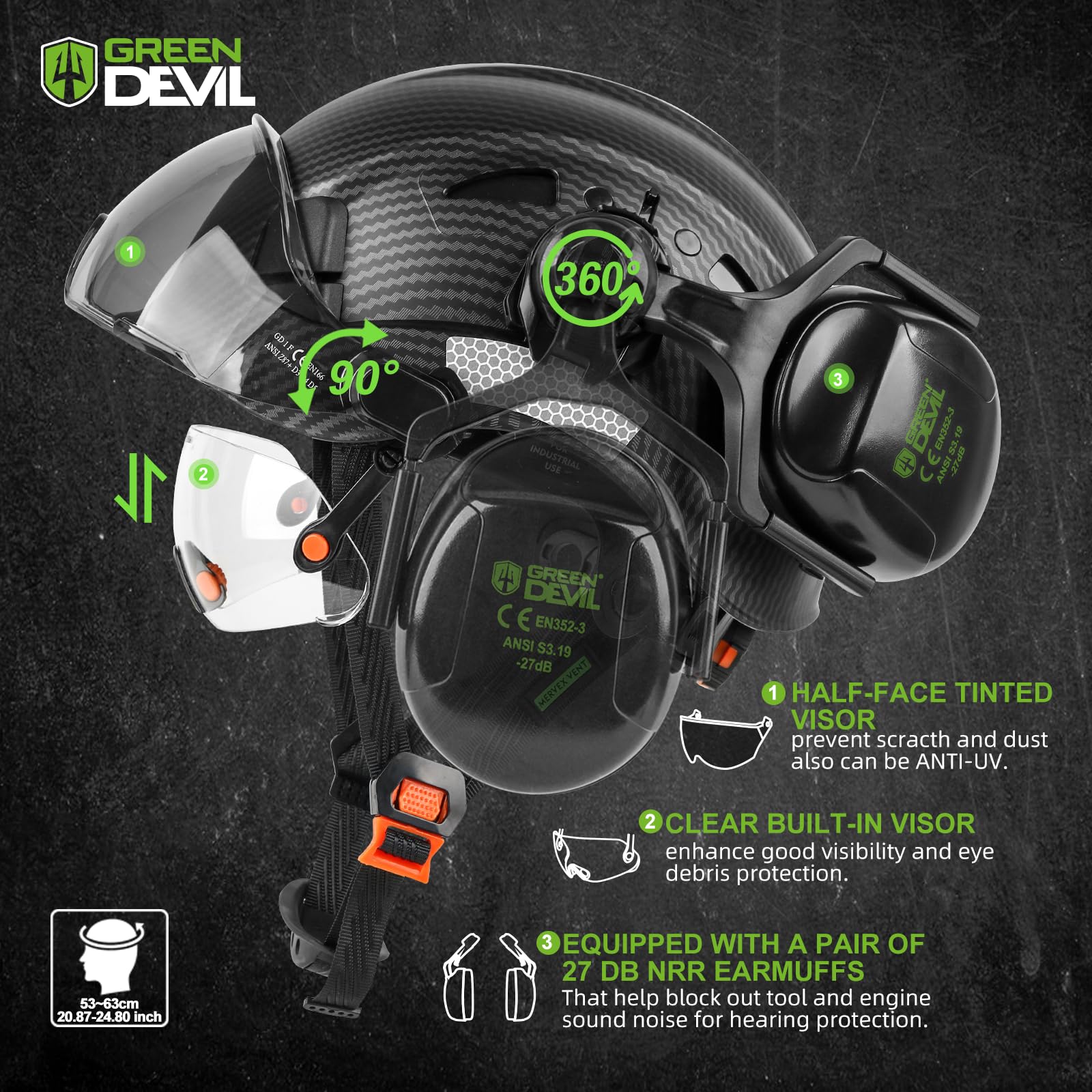 GREEN DEVIL visor and earmuffs providing eye and hearing protection on job sites