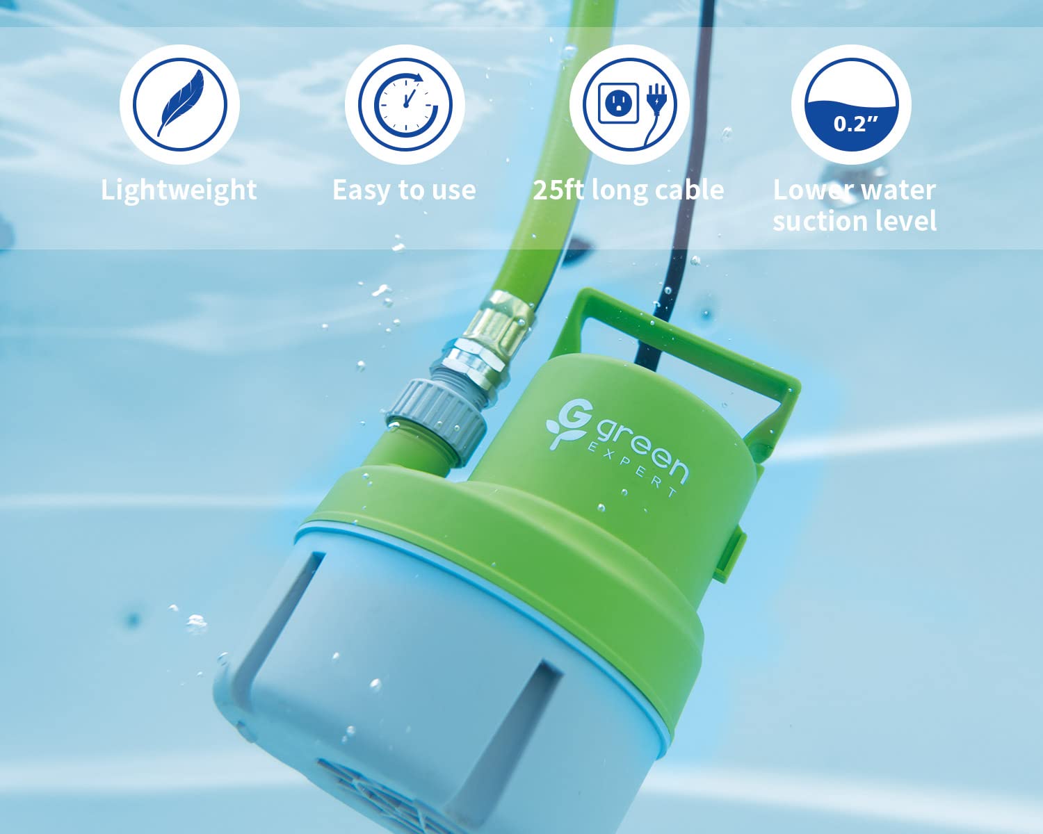 Green Expert pump 1/6HP oil-free motor delivers efficient, quiet operation