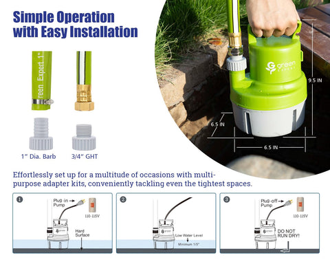 Green Expert pump top discharge design fits narrow pits and quick drainage