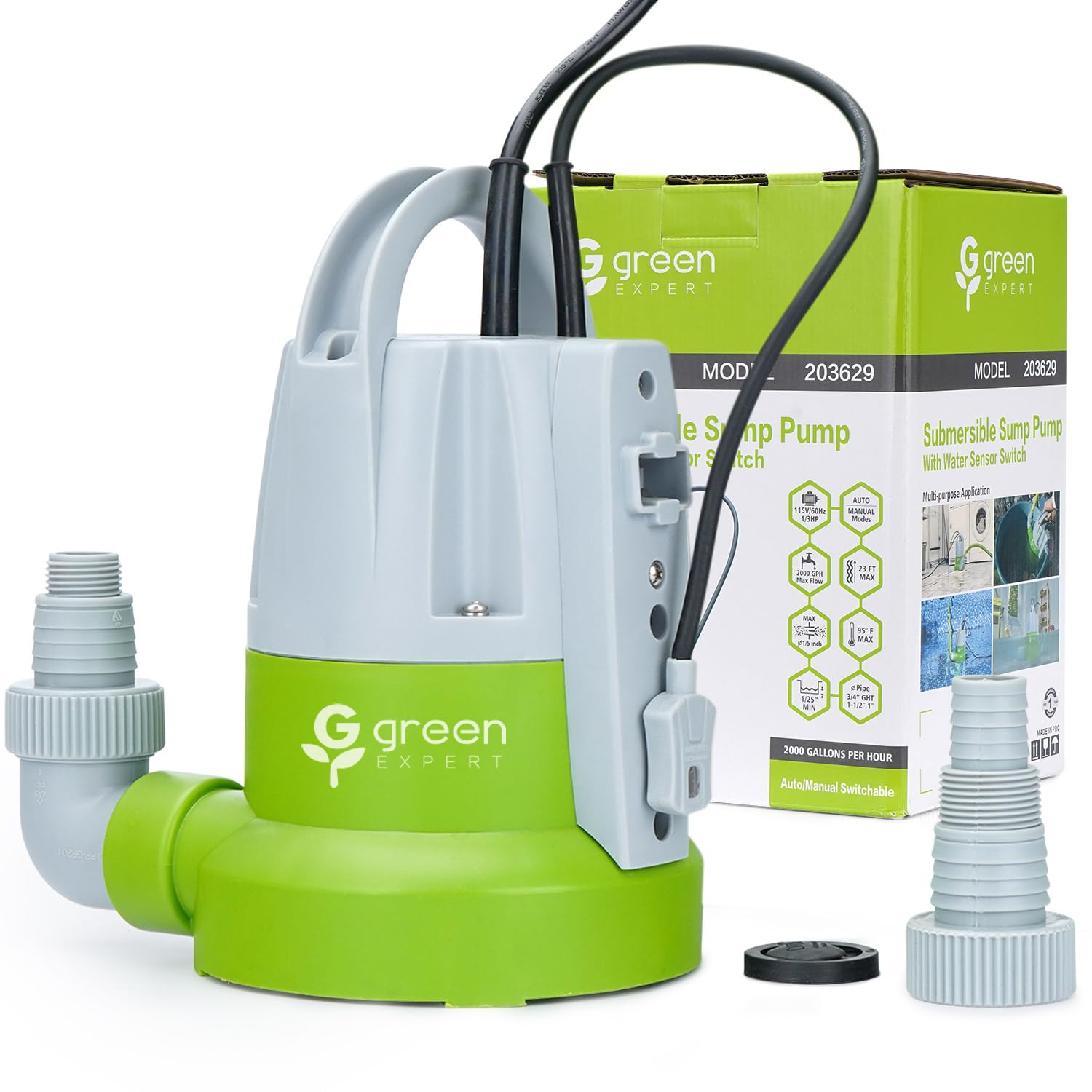 Green Expert sump pump in use drains standing water efficiently