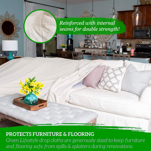 Green Lifestyle painters canvas tarp offers durable coverage for renovation tasks