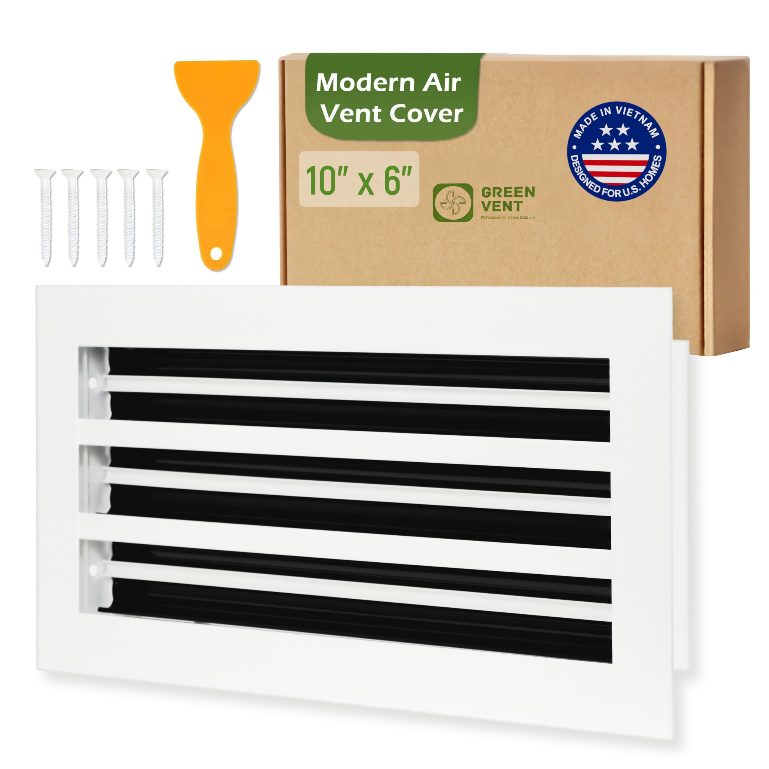 GREEN VENT Modern Air Vent Cover with white frame and black blades for quiet airflow.