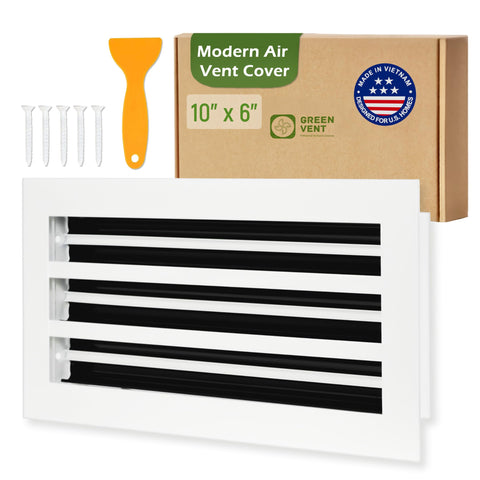 GREEN VENT Modern Air Vent Cover with white frame and black blades for quiet airflow.