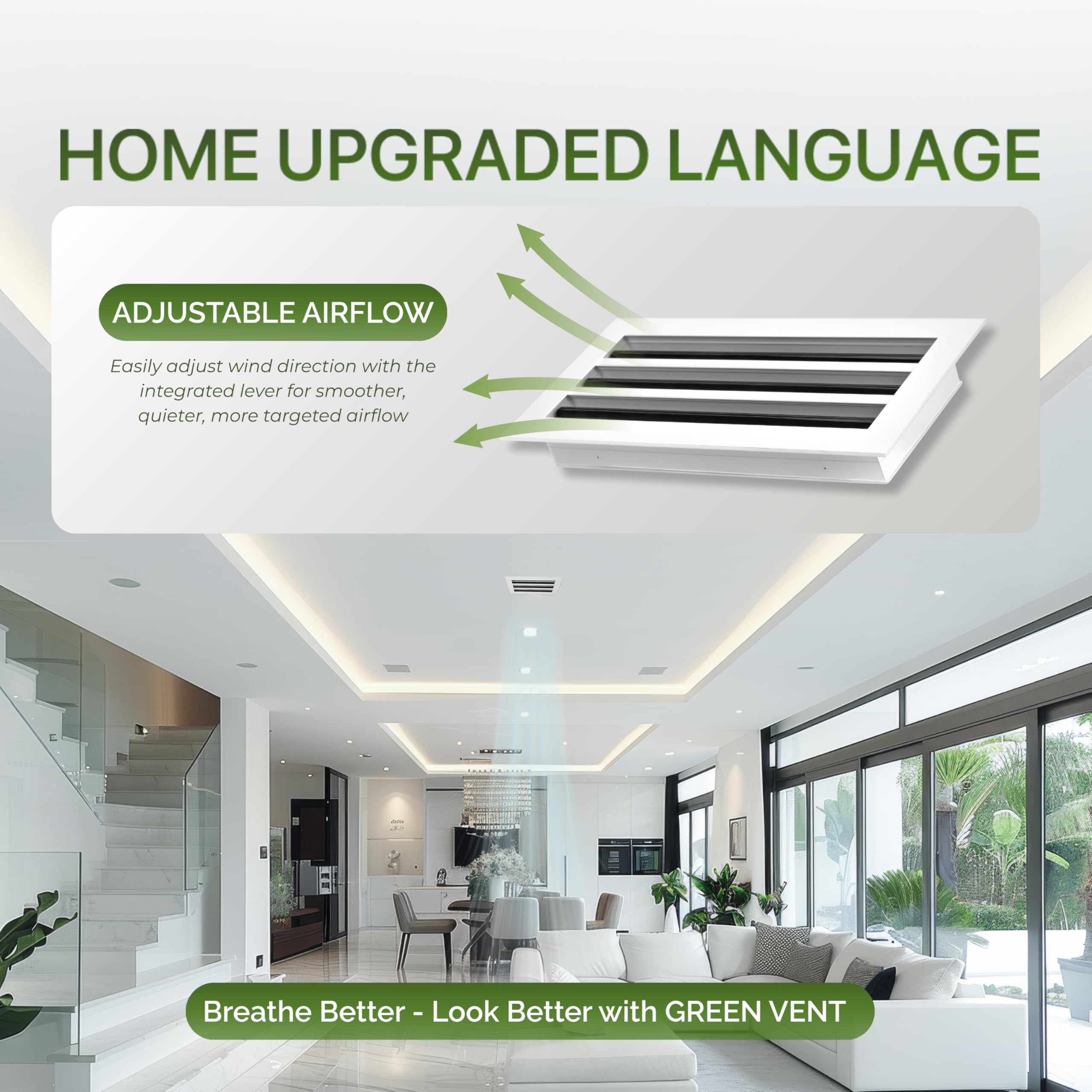 GREEN VENT aluminum diffuser in white frame with black blades for a sleek wall to ceiling finish.