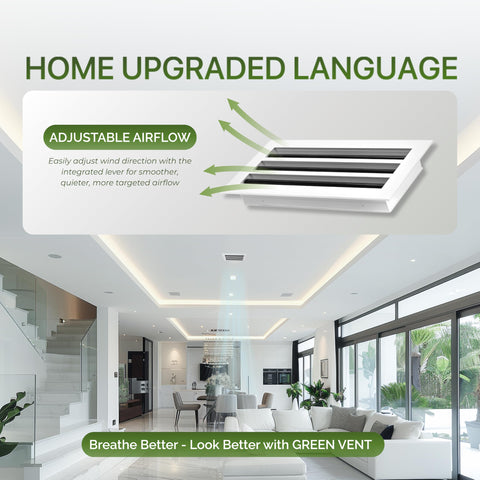 GREEN VENT aluminum diffuser in white frame with black blades for a sleek wall to ceiling finish.