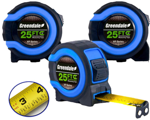 Greendale 25 ft blue retractable tape measure ready for quick, precise readings