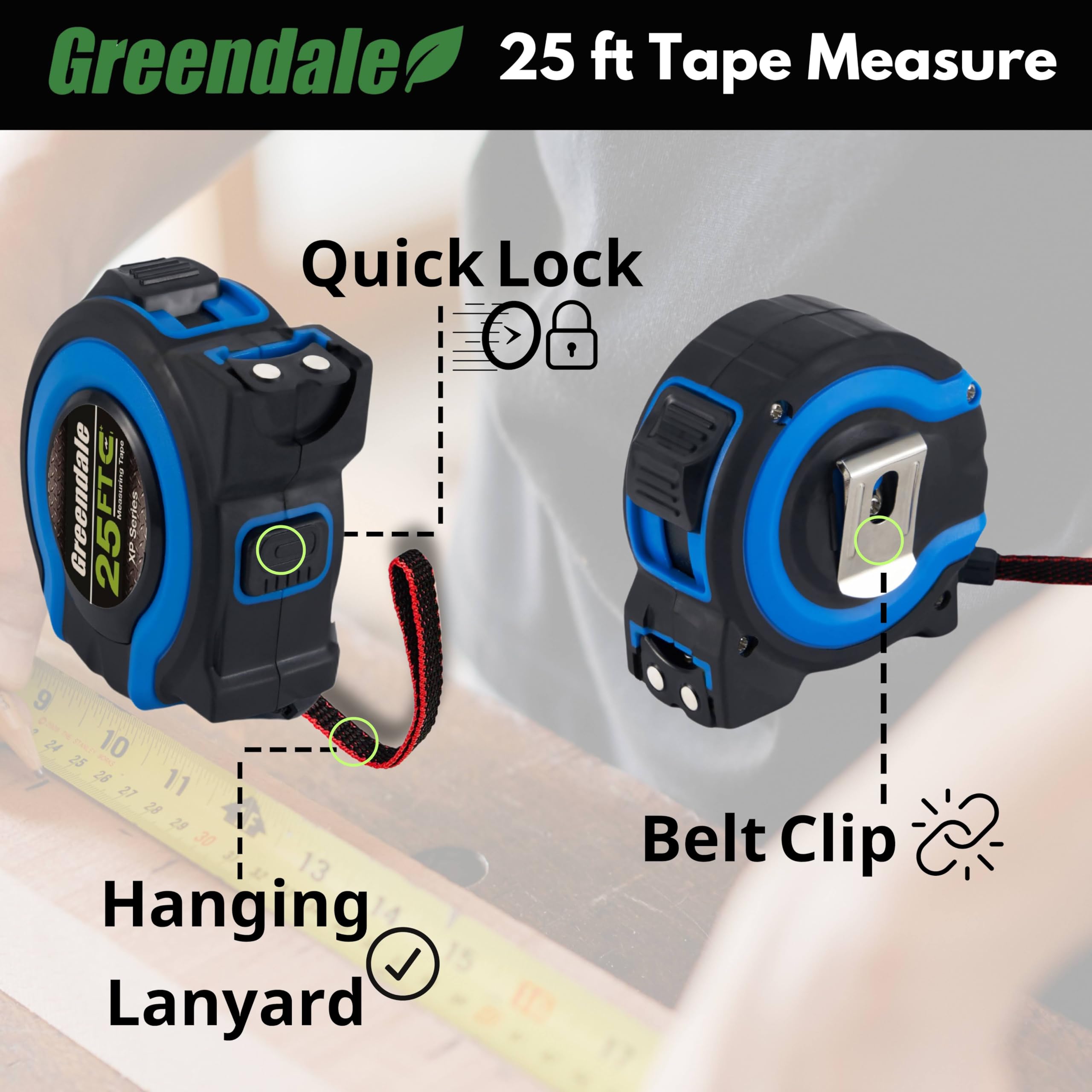 Greendale tape measure showing easy-read fractions down to 1/8 inch