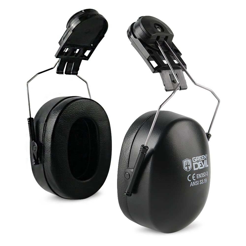 GREEN DEVIL hard hat earmuff attachment side view reduces noise exposure on construction sites