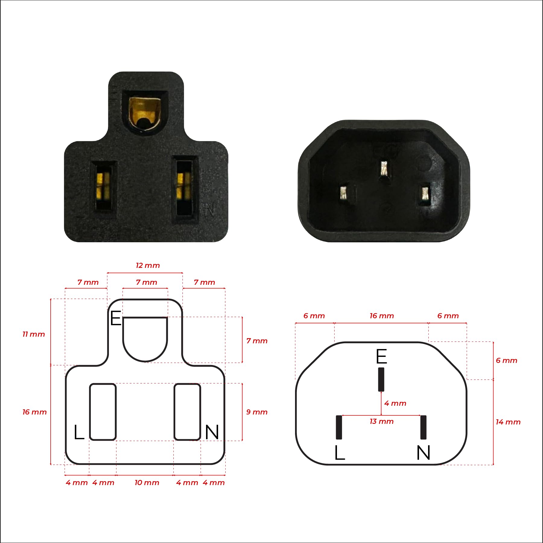 greenDracaena IEC320 C14 to NEMA 5-15R adapter side angle highlights compact nylon housing.